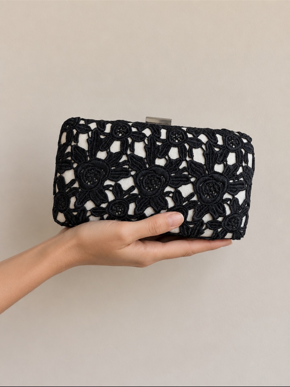 Jessica McClintock Floral Guipure Lace Clutch Bag black and cream